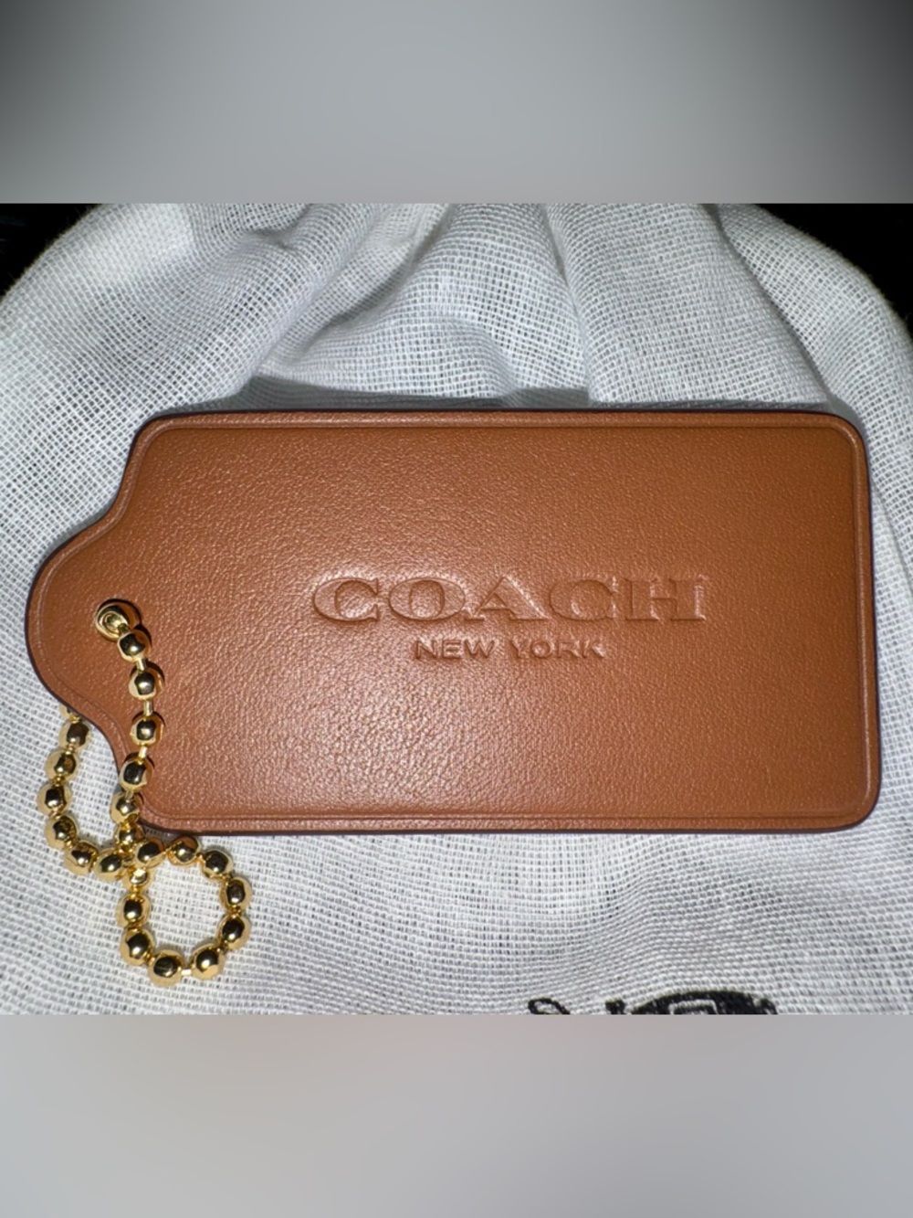 Coach XL Tan Brown Leather Hangtag with brand name Gold Beaded Keychain - EUC